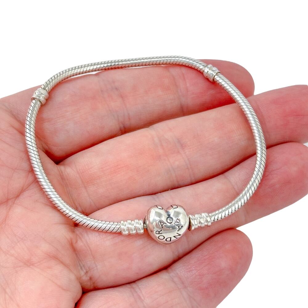 Pandora Snake Charm Bracelet | Heart Clasp | Vintage Sterling Silver 925 | 7.5"